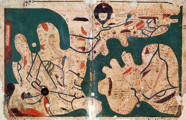 Mappamondo rettangolare, copia del XIII sec. con il sud in alto.